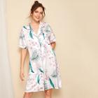 Romwe Tropical Print Button-up Satin Shirt Dress