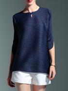 Romwe Navy Crew Neck Pleated Elastic Blouse