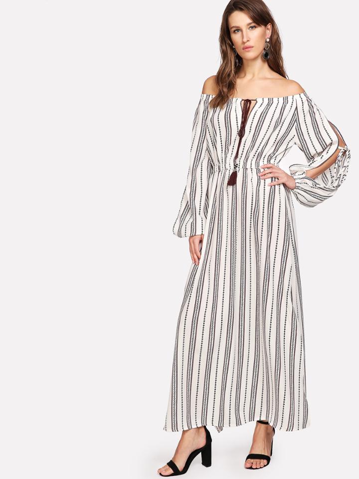 Romwe Slit Side Tassel Tied Striped Dress