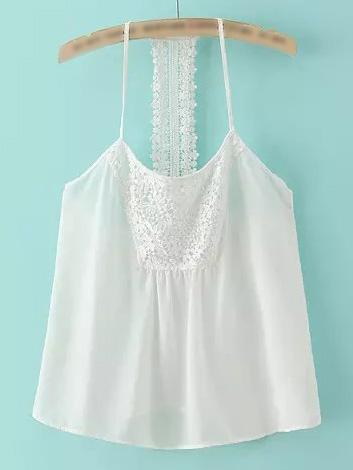 Romwe White Spaghetti Strap Lace Tank Top