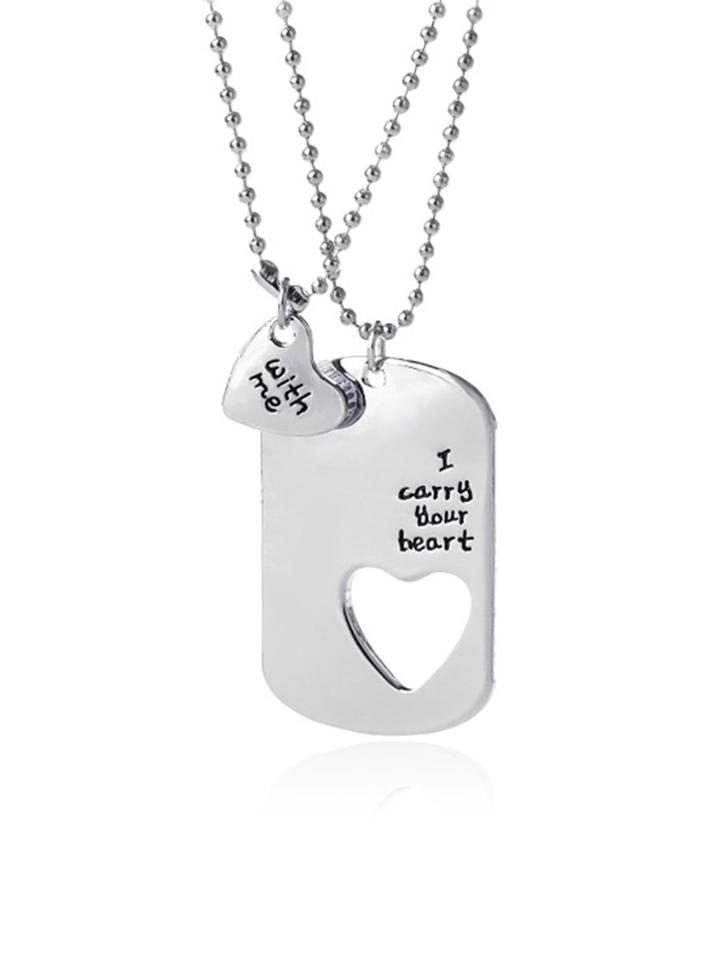 Romwe Heart & Rectangle Pendant Chain Necklace Set