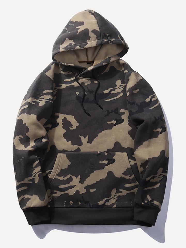 Romwe Men Camo Pocket Drawstring Hoodie Sweatshirt