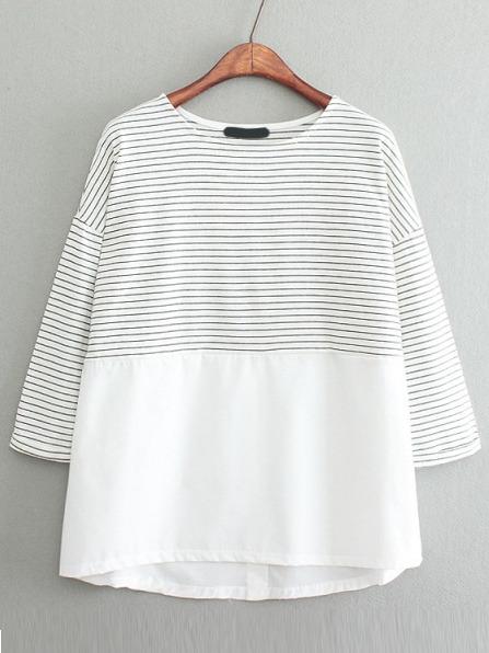 Romwe White Black Crew Neck Striped Loose T-shirt