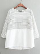 Romwe White Black Crew Neck Striped Loose T-shirt