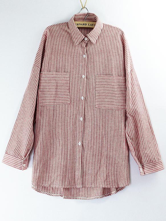 Romwe Lapel Striped Pockets Red Blouse