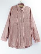 Romwe Lapel Striped Pockets Red Blouse