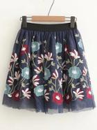 Romwe Elastic Waist Embroidery Mesh Skirt