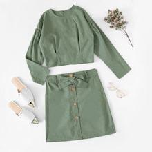 Romwe Solid Frill Trim Top With Belted Skirt