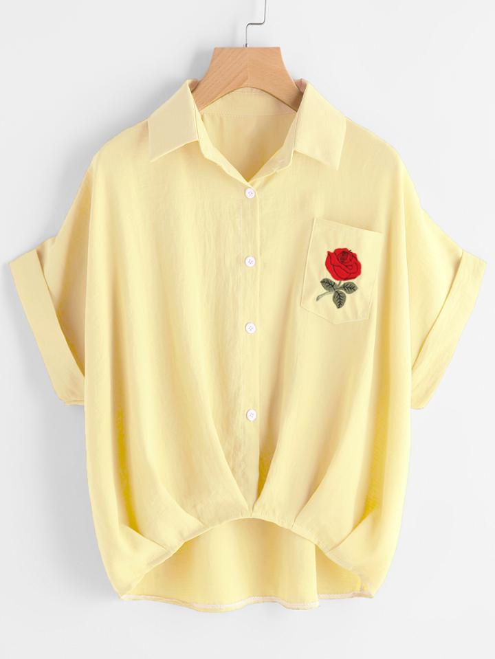 Romwe Rolled Sleeve Embroidered Pocket Dip Hem Blouse