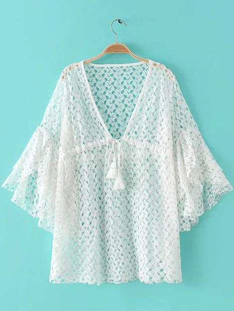 Romwe White V Neck Hollow Lace Dress