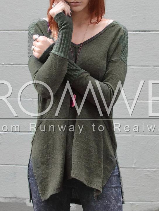 Romwe Green Side Slit Loose T-shirt