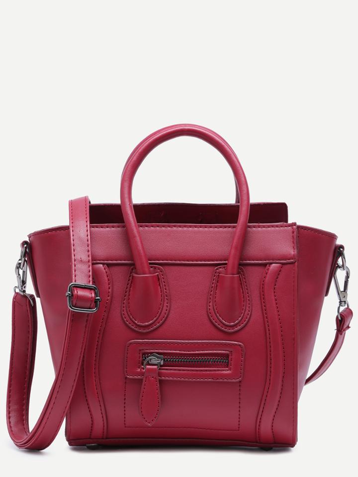 Romwe Red Zip Trim Faux Leather Handbag With Strap