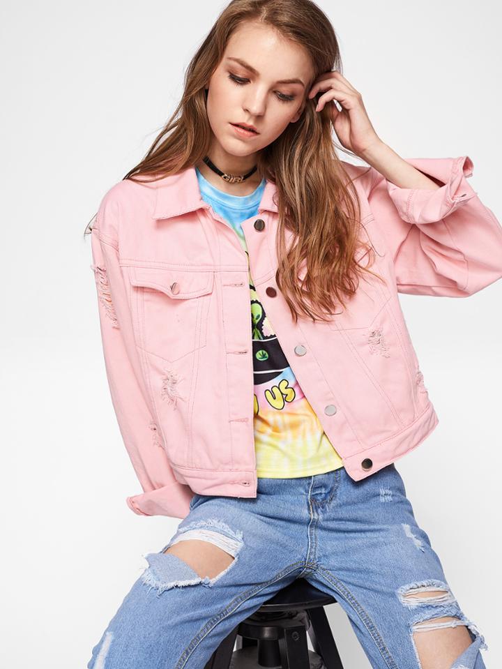 Romwe Rip Detail Denim Jacket