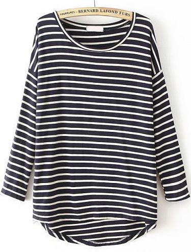 Romwe Striped Dipped Hem Navy T-shirt