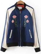 Romwe Blue Flower Embroidery Raglan Sleeve Zipper Jacket