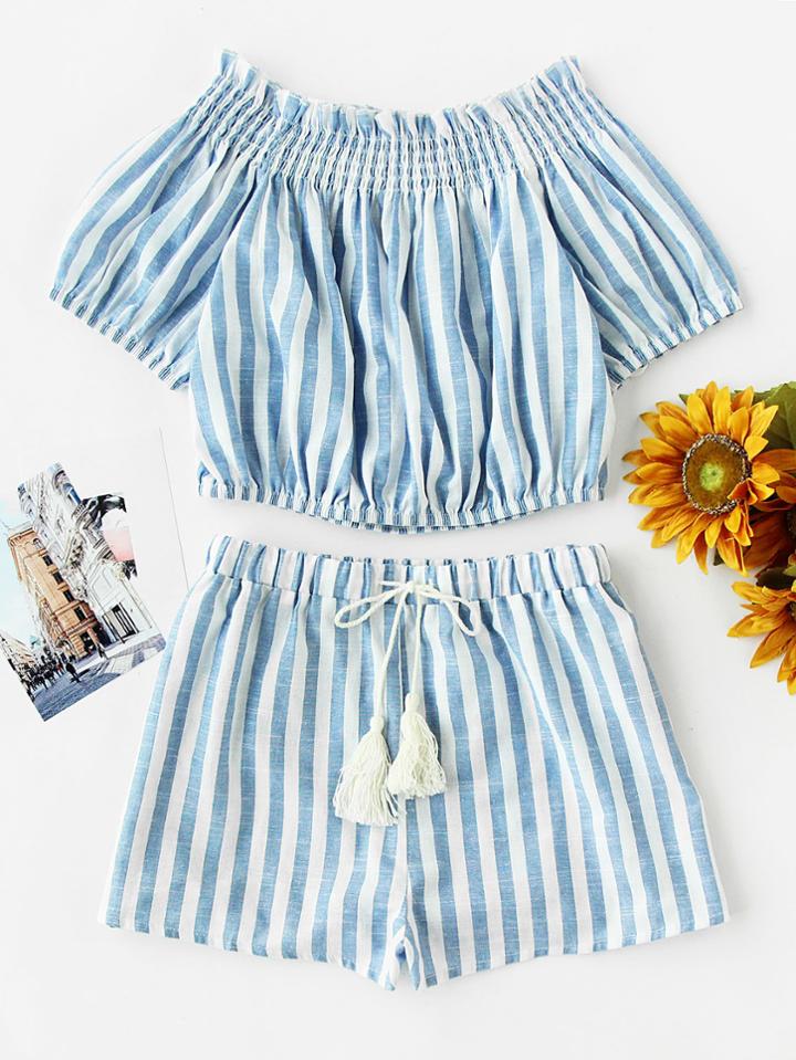 Romwe Smocked Off Shoulder Top And Tasseled Tie Shorts Set