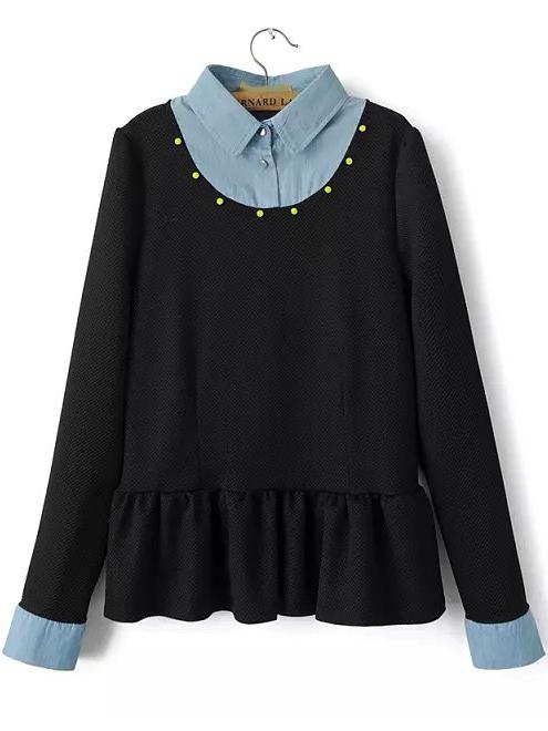 Romwe Contrast Denim Peplum Hem Black Blouse