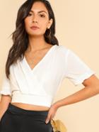 Romwe Ruffle Cuff Pleated Crop Wrap Top