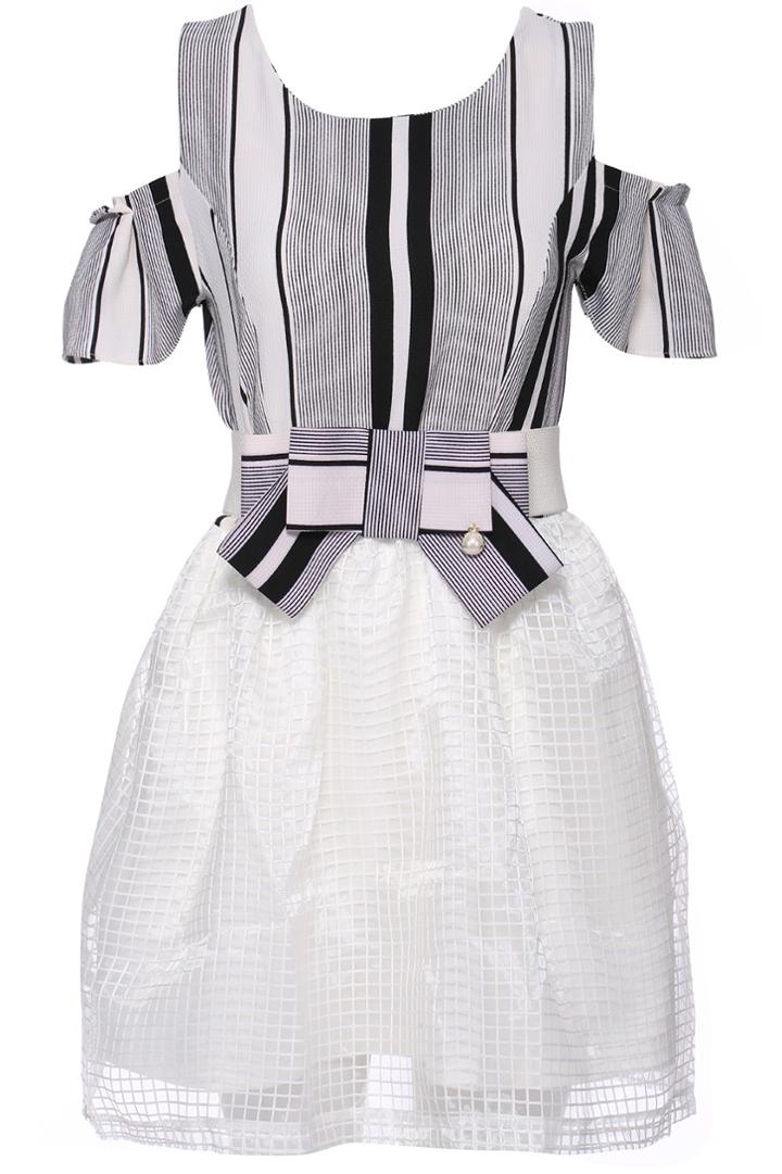 Romwe Romwe Striped Print Off-shoulder Blue Dress