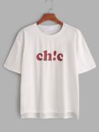 Romwe White Letter Print Slit Side High Low T-shirt