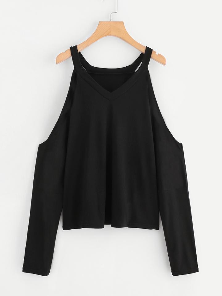 Romwe V Neckline Cold Shoulder Tee