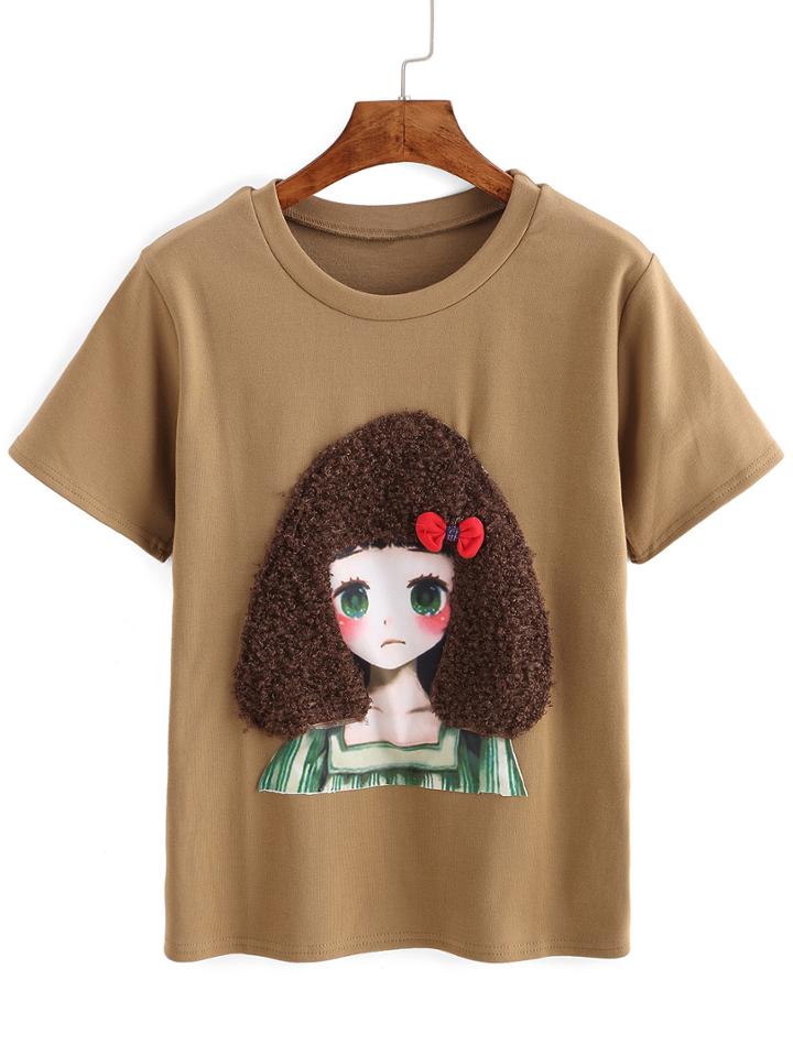 Romwe Cartoon Patch Khaki T-shirt