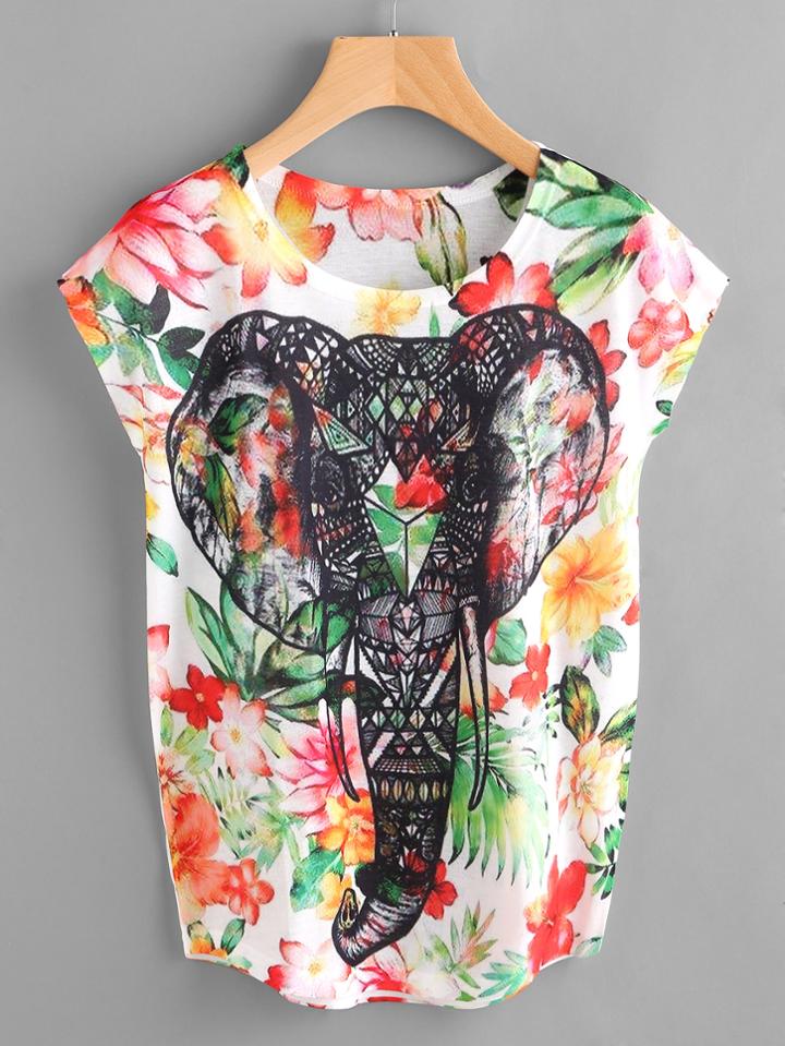 Romwe Dolman Sleeve Floral And Elephant Print Tee
