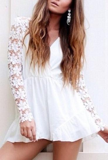 Romwe White V Neck Lace Long Sleeve Jumpsuit