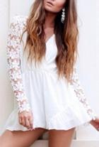 Romwe White V Neck Lace Long Sleeve Jumpsuit