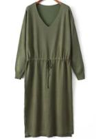 Romwe Green V Neck Drawstring Waist Split Dress