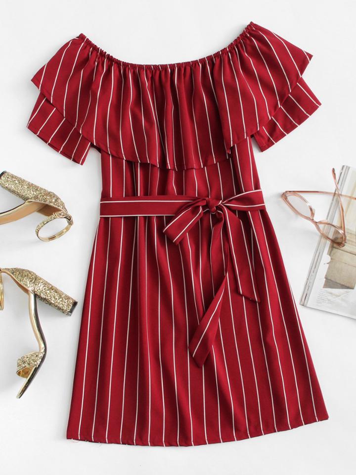 Romwe Striped Print Layered A Line Dress With Belt