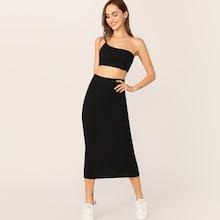 Romwe One Shoulder Crop Top & Split Skirt Set