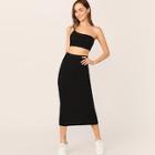 Romwe One Shoulder Crop Top & Split Skirt Set