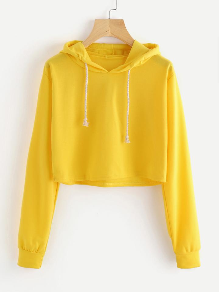 Romwe Drawstring Hooded Crop Sweatshirt