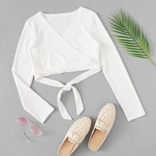 Romwe Knot Hem Ribbed Crop Tee