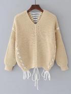 Romwe Drop Shoulder Crossover Lace Up Detail Sweater