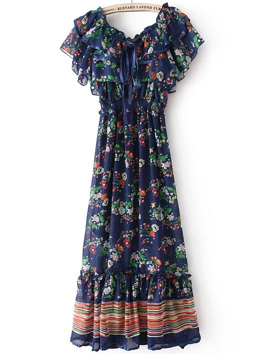 Romwe Royal Blue Spaghetti Strap Floral Dress With Cape