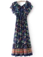 Romwe Royal Blue Spaghetti Strap Floral Dress With Cape