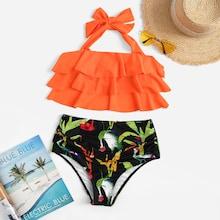 Romwe Layered Halter Top With Random Plant Bikini