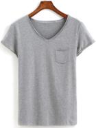 Romwe V Neck With Pocket Grey T-shirt