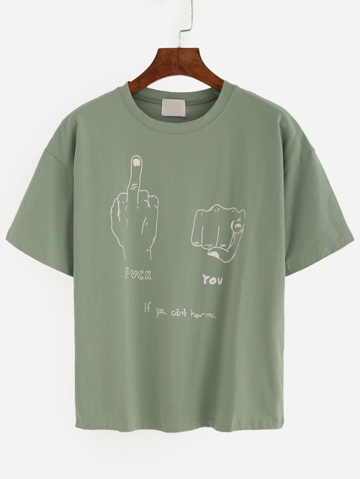 Romwe Olive Green Hand Gesture Print T-shirt
