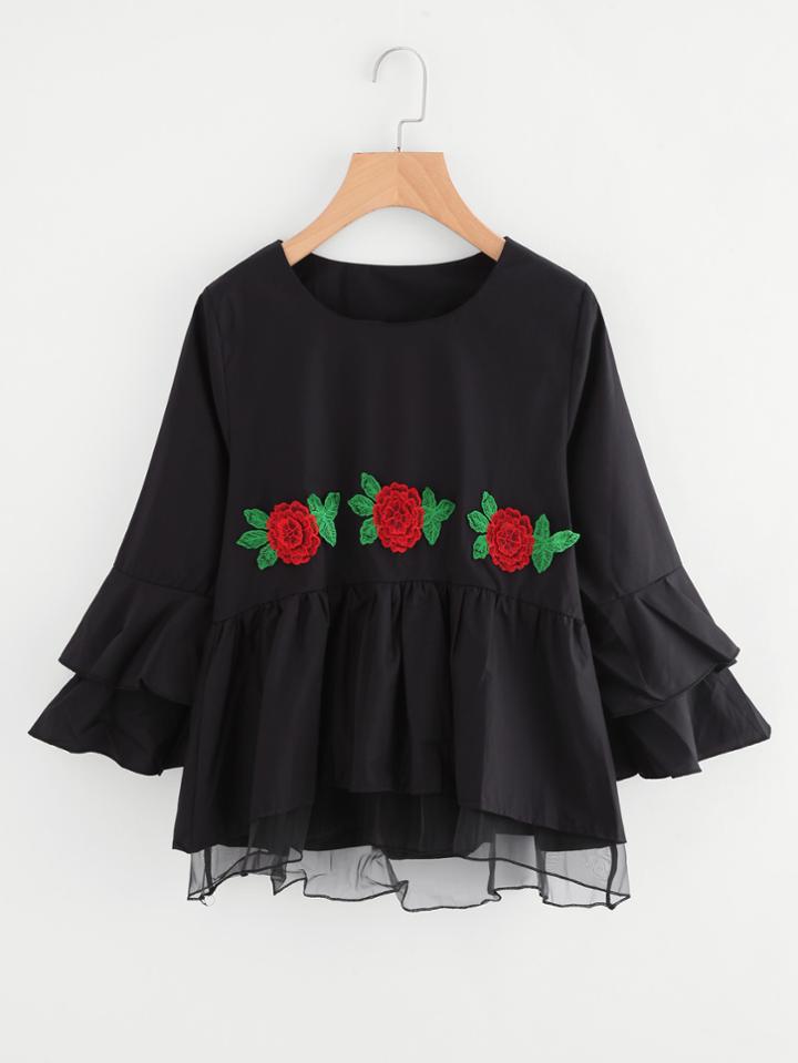 Romwe Rose Embroidered Tiered Cuff Mesh Top