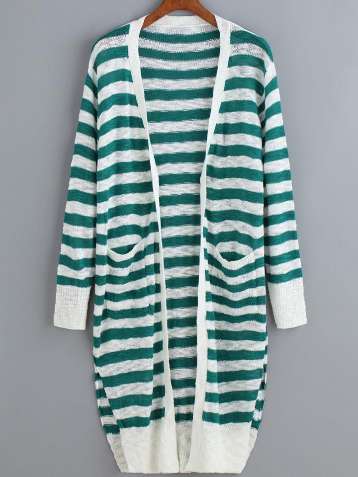 Romwe Long Sleeve Striped Pockets Cardigan