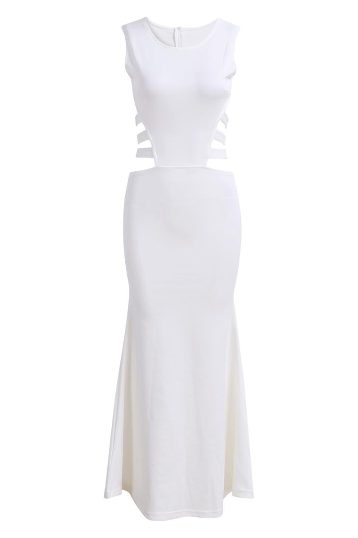 Romwe Sleeveless With Zipper Hollow White Dress