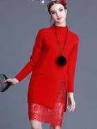 Romwe Red Stand Collar Long Sleeve Contrast Lace Dress