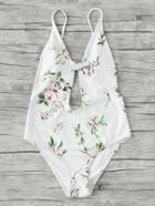 Romwe Botanical Print Keyhole Front Swimsuit