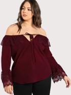 Romwe Solid Off Shoulder Lace Flounce Top