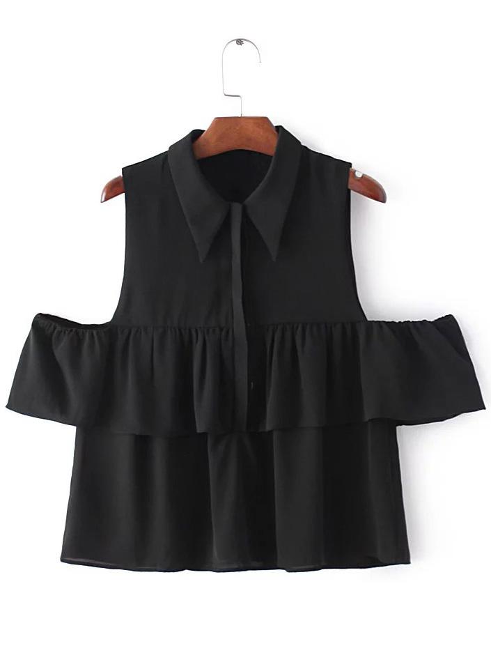 Romwe Black Cold Shoulder Lapel Buttons Blouse