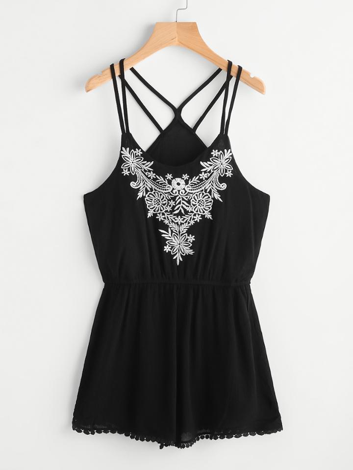 Romwe Embroidered Crochet Hem Double Strap Romper