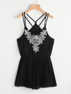 Romwe Embroidered Crochet Hem Double Strap Romper